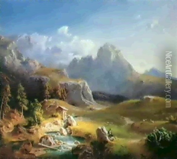 Alpenlandshaft Mit Einer Muhleam Bach Und Rastendem         Ziegenhirten Vorne Rechts Oil Painting - Leopold Rottmann