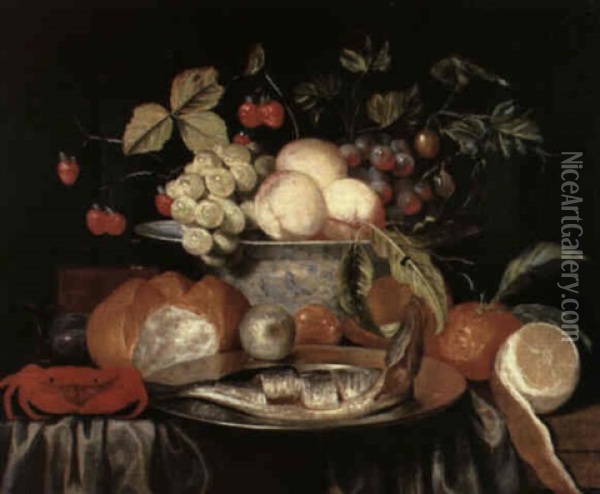A Still Life With A Bowl Of Assorted Fruit Upon A Table     With A Crab, Bread, A Plate With A Herring, An Orange And A Oil Painting - Jan Pauwel Gillemans The Elder