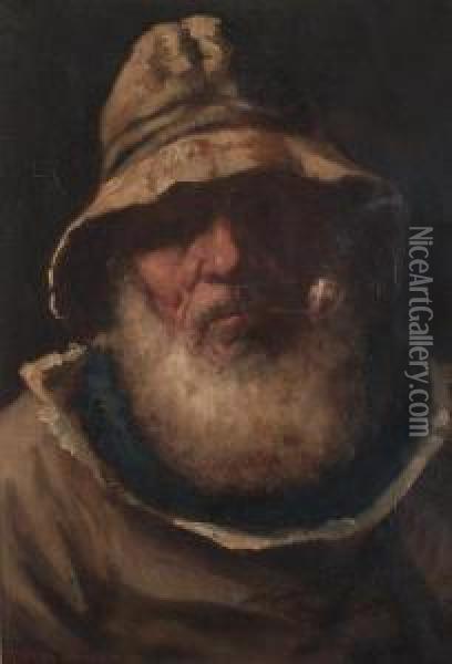 Portrait Of A Fisherman Smoking A Pipe. Oil Painting - David W. Haddon