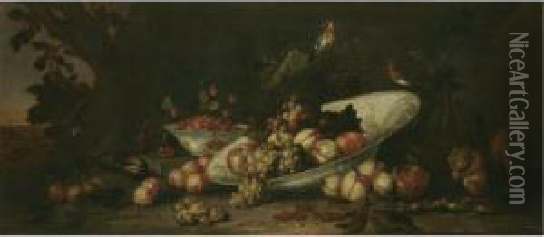 A Still Life Of Fruit Including Grapes, Peaches And An Orange In A Tilted Porcelain Dish, With Redcurrants, Figs, An Open Pomegranate, Raspberries And Other Fruit, Together With A Red Squirrel Eating Hazelnuts And Songbirds Oil Painting - Pseudo Simons