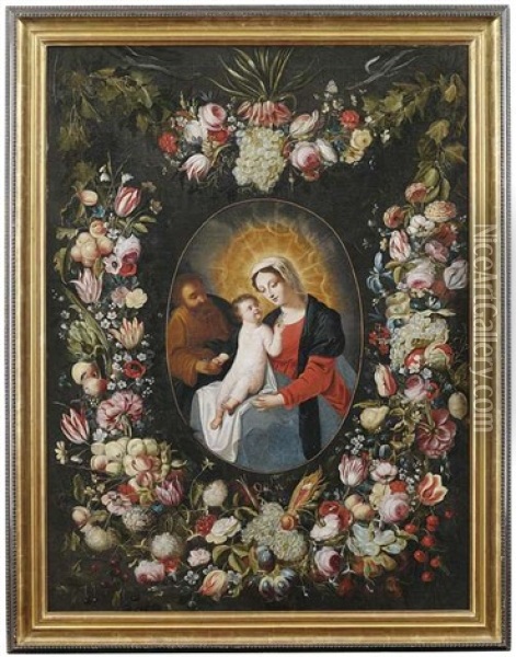 Die Heilige Familie In Einem Kranz Aus Blumen Und Fruchten Oil Painting - Philippe de Marlier