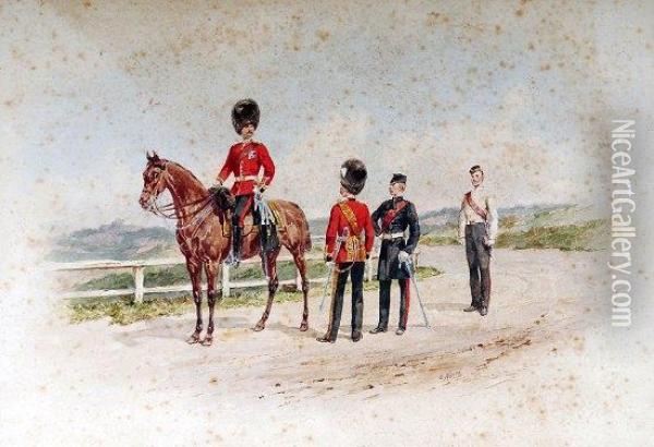 Grenadier Guards, Depicted Mounted And Standing In Assorted Ranksand Uniforms Oil Painting - Orlando Norie
