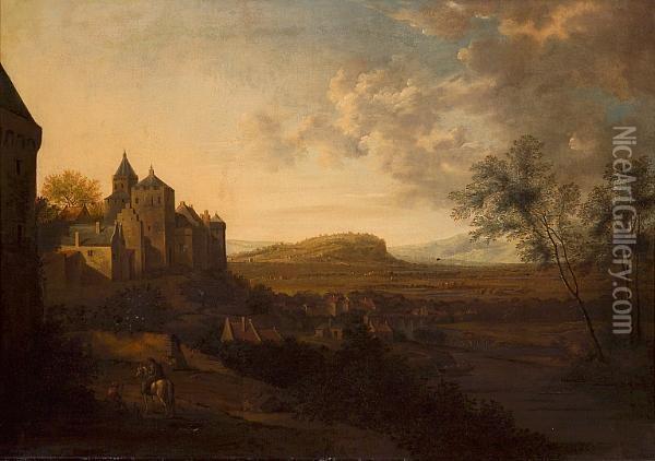 An Extensive River Landscape 
With A Castellated Village On A Hill And Figures In The Foreground Oil Painting - Jan Gabrielsz. Sonje