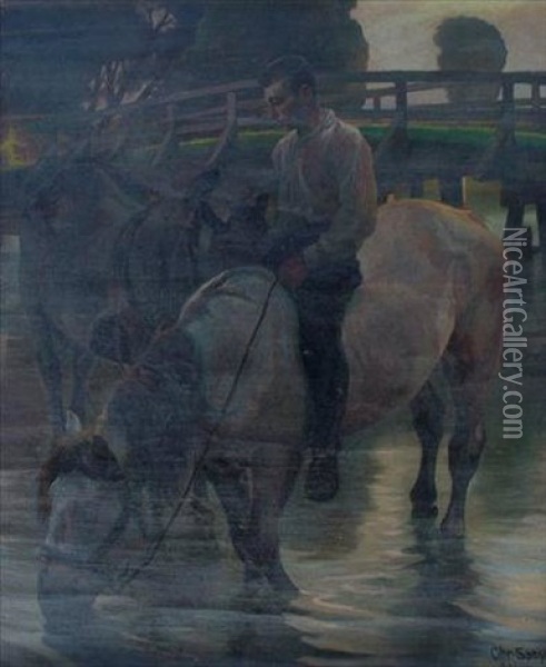 Landscape With Man On Horseback With Plow Horse On Lead Watering At Stream With Wooden Bridge In Background Oil Painting - Christian Georg Speyer