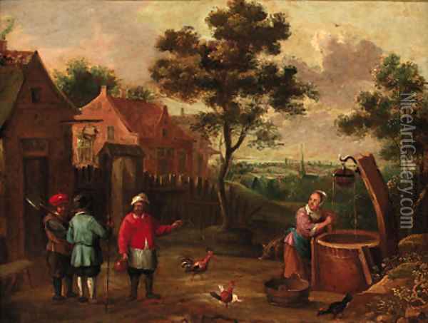 Peasants conversing on a track by a well in a village Oil Painting - Thomas Van Apshoven