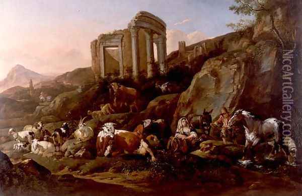 Classical Landscape with Animals Oil Painting - Johann Heinrich Roos