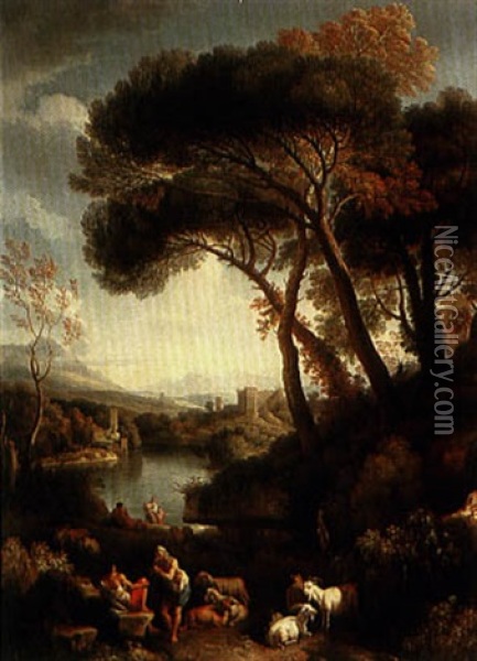 A Classical Landscape With Goatherds Resting Above A River  Valley Oil Painting - Jan Frans van Bloemen