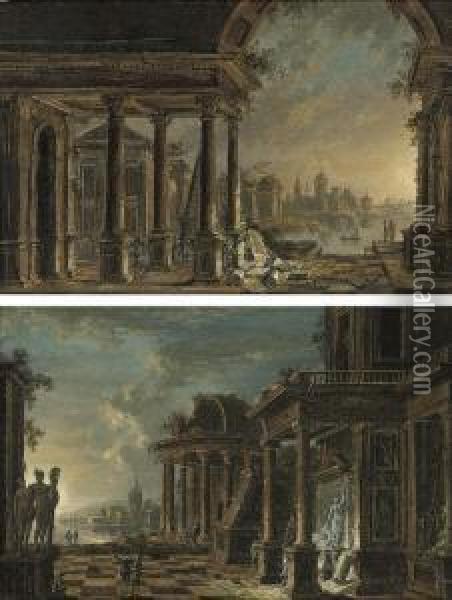 An Architectural Capriccio Of 
Classical Ruins With Travellers Beyond; And An Architectural Capriccio 
Of Classical Ruins With Elegant Figures In The Foreground, A River 
Beyond Oil Painting - Christian Stocklin
