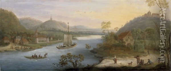 Ideale Flusslandschaft Mit Lastkahn Und Ruderbooten. Oil Painting - Johann Friedrich Weitsch