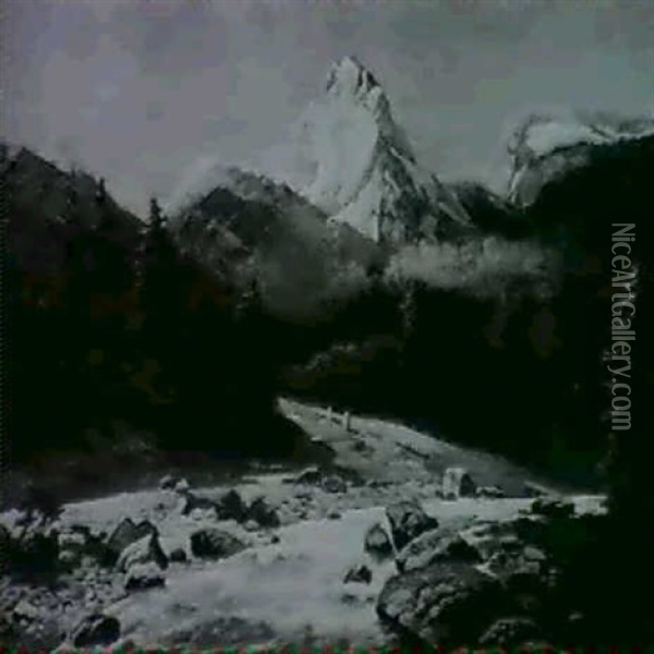 Gebirgsbach, Im Hintergrund Das Matterhorn Oil Painting - Fritz Chwala