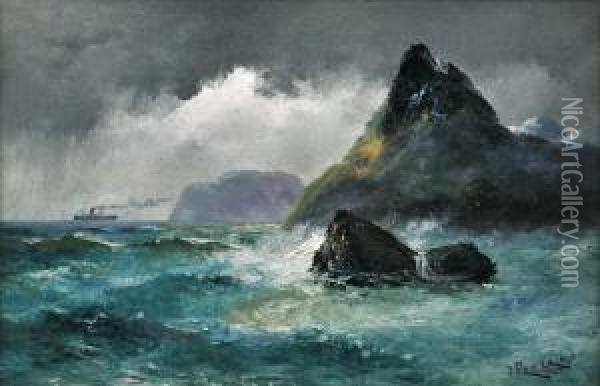 Steamship In Stormy Waters Oil Painting - James Peele