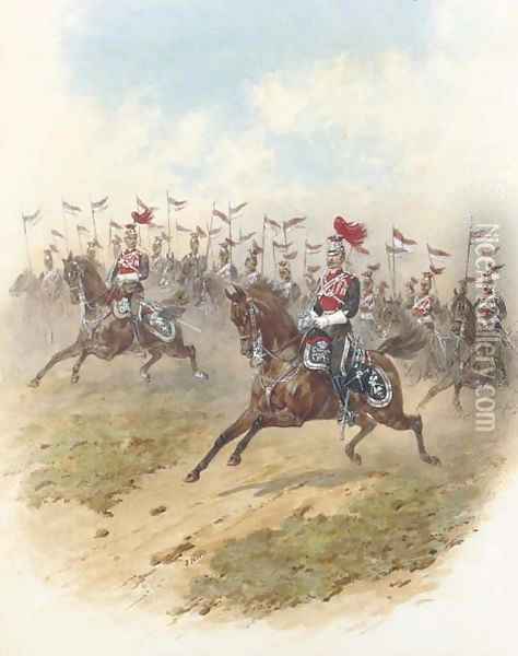 The 12th Regiment of the Prince of Wales's Royal Lancers Officers leading the charge from the fore Oil Painting - Orlando Norie