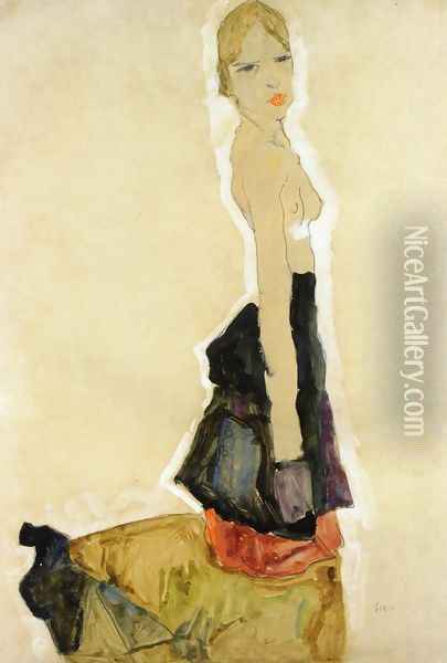 Kneeling Semi Nude Oil Painting - Egon Schiele