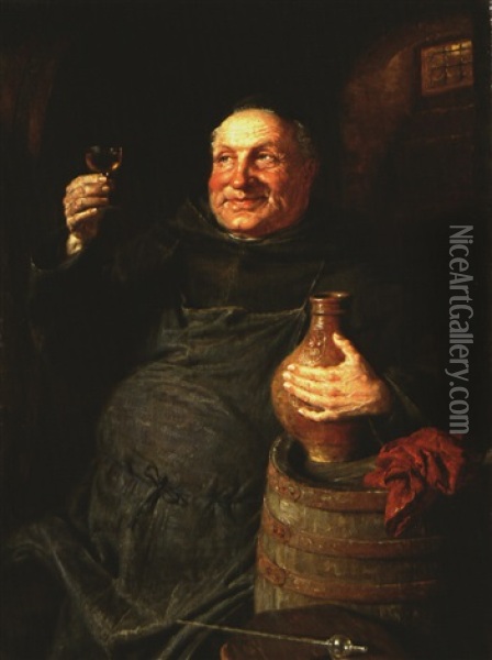 Monch Mit Bartmannskrug Und Weinglas - Der Kellermeister Oil Painting - Eduard von Gruetzner