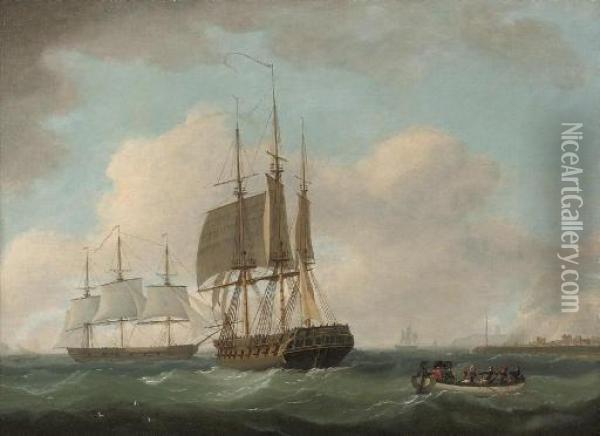English Frigates Hove-to Off A Port, With Officers Being Rowed Ashore Oil Painting - William Anderson