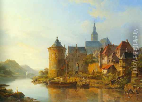 A View of a Town along the Rhine Oil Painting - Cornelis Springer