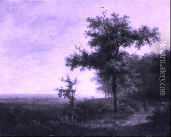 Wooded Landscape With A Traveller On A Path Oil Painting - Alexander Joseph Daiwaille
