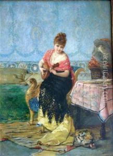 Lady Playing Aguitar Oil Painting - Vicente Palmaroli Y Gonzalez
