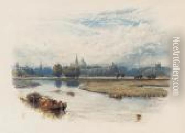 A River Landscape With A Barge In The Foreground, A View Of Oxfordbeyond Oil Painting - Myles Birket Foster