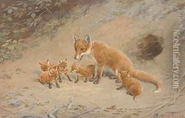 A fox with her cubs before their den Oil Painting - Frank Paton