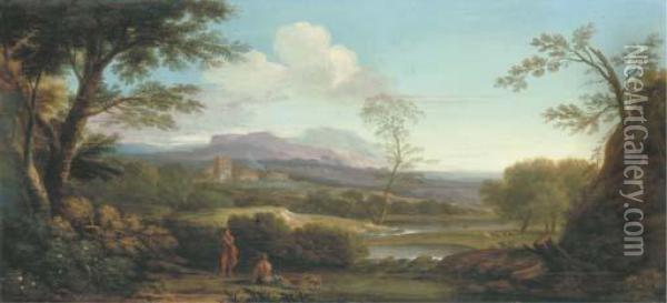 An Extensive Italianate Landscape With Shepherds By A River And Avillage Beyond Oil Painting - Jan Frans Van Bloemen (Orizzonte)