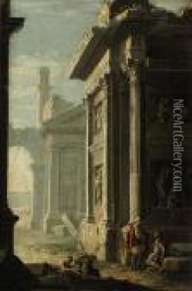 A Capriccio Of Classical Ruins With Figures Conversing Beneath Atemple Oil Painting - Giovanni Niccolo Servandoni