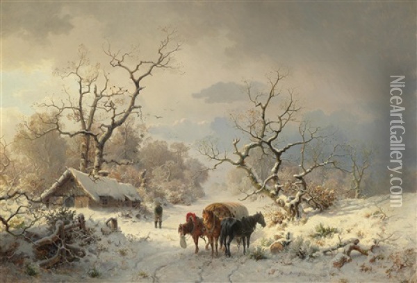 A Large Winter Landscape With Horse And Cart Oil Painting - Ludwig Munthe