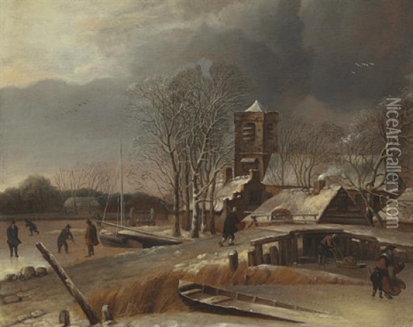 Winter Landscape With Skaters On A Frozen Canal Oil Painting - Hendrik Jacobsz Dubbels
