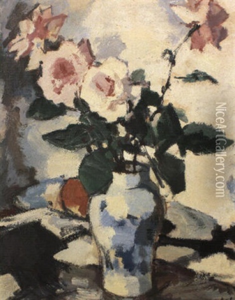 Pink Roses In A Blue And White Vase With A Fan And Apple Oil Painting - Samuel John Peploe