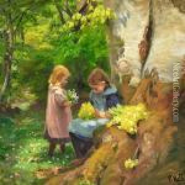 Springtime With Two Girls Picking Flowers Oil Painting - Hans Anderson Brendekilde