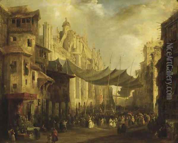 A Procession around the Cathedral of Seville Oil Painting - Genaro Perez Villaamil Y Duguet