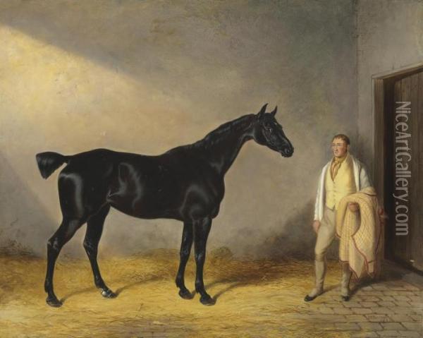 A Dark Bay Hunter With A Groom In A Stable Oil Painting - William Barraud