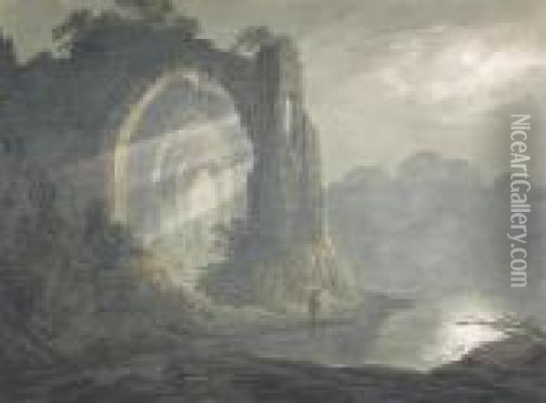 A Figure Near A Ruin In Moonlight Oil Painting - William Payne
