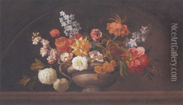 Poppies, Roses, Lilac, Chrysathemums, Lilies, Gentians, Sage, Hydrangea And Other Flowers In Stone Urn On A Marble Ledge Oil Painting - Jakob Bogdani