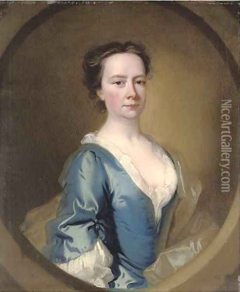 Portrait of a lady, half-length, in a blue dress and white chemise, feigned oval Oil Painting - Thomas Hudson