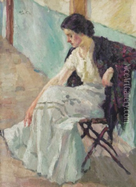 Junge Frau Im Profil Auf Einem Stuhl Sitzend Oil Painting - Leo Putz