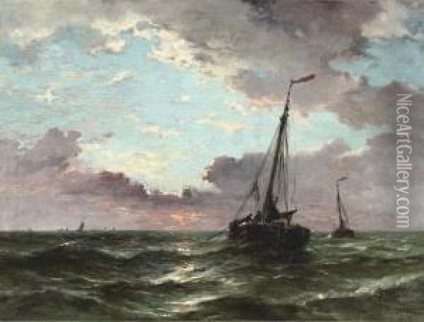 Botters Heading Out To Open Sea Oil Painting - Jan Van Der Linde