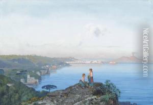 Girls On An Outcrop Above The Bay Of Naples At Dusk Oil Painting - Cesare Uva