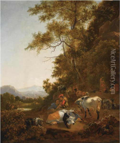A Wooded Hilly Landscape With Shepherds Resting With Their Herd,other Figures Preparing A Meal Above A Fire To The Right Oil Painting - Adam Colonia
