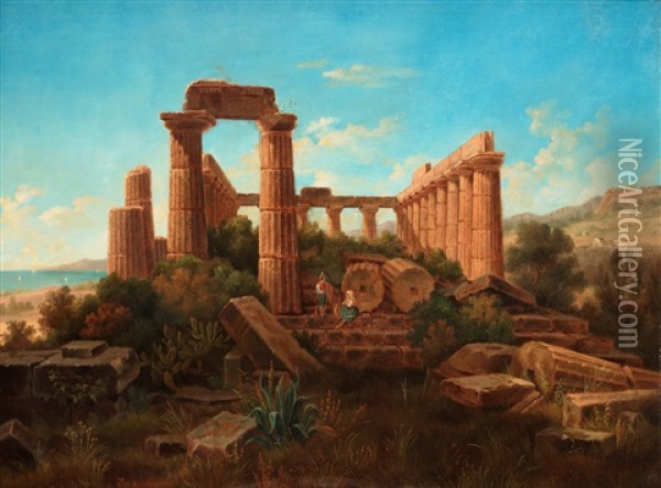 Vue Af Ruinerna Af Junos Tempel Vid Girgenti Oil Painting - Gustaf Wilhelm Palm