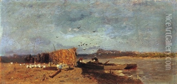 Szolnoki Tisza-parton Oil Painting - Geza Meszoely