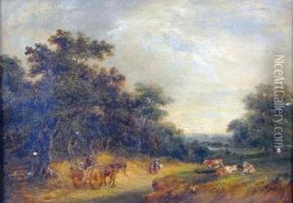 Rural Landscape With Figures, Horse And Cart, And Cattle Grazing Oil Painting - Robert Burrows