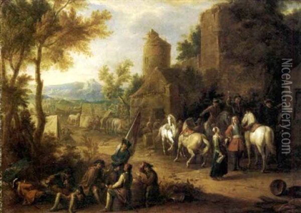 Sosta Di Cavalieri E Soldati Presso Un Casolare Oil Painting - Jan van Huchtenburg