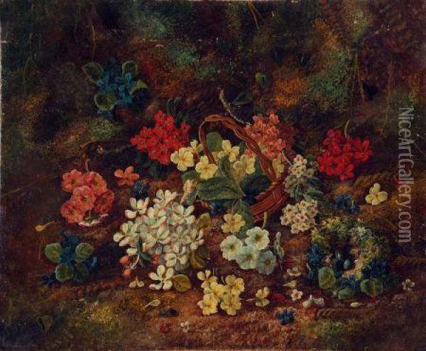 Still Life Study Of Mixed Flowers On A Mossy Bank Oil Painting - George Clare