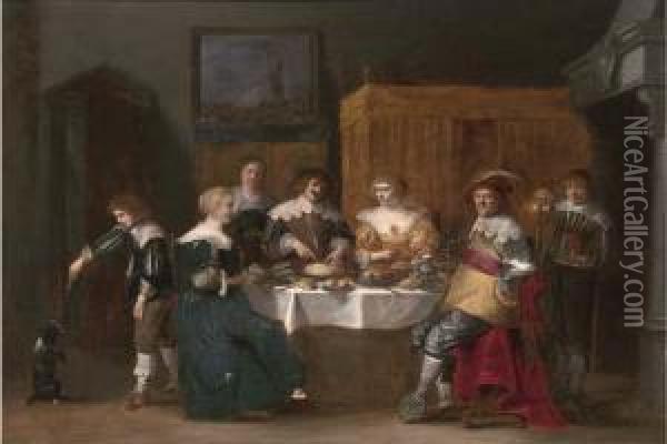 Elegant Company Eating And Drinking In An Interior Oil Painting - Christoffel Jacobsz van der Lamen