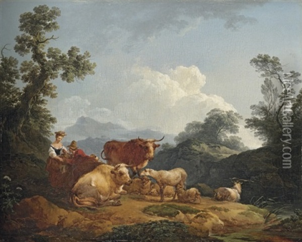 A Mountainous Wooded Landscape With A Drover And His Cattle, And A Shepherdess Oil Painting - Philip James de Loutherbourg
