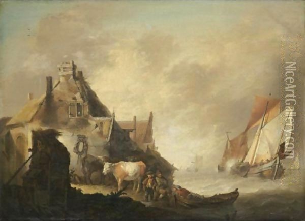 A Coastal Scene With Fishing Vessels In Stormy Seas, Figures With Cattle Before A House On The Shore Oil Painting - Jan van Os