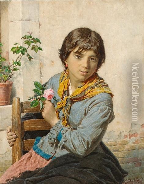 Young Girl With A Rose Oil Painting - Luigi da Rios