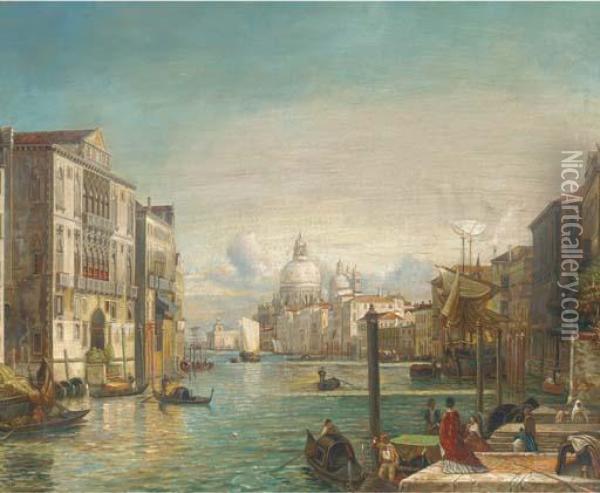 Gondolas On The Grand Canal, Venice Oil Painting - Alfred Pollentine