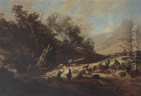 A Hilly Landscape With Shepherds And Their Herd Near A Stream Oil Painting - Jacob Sibrandi Mancadan